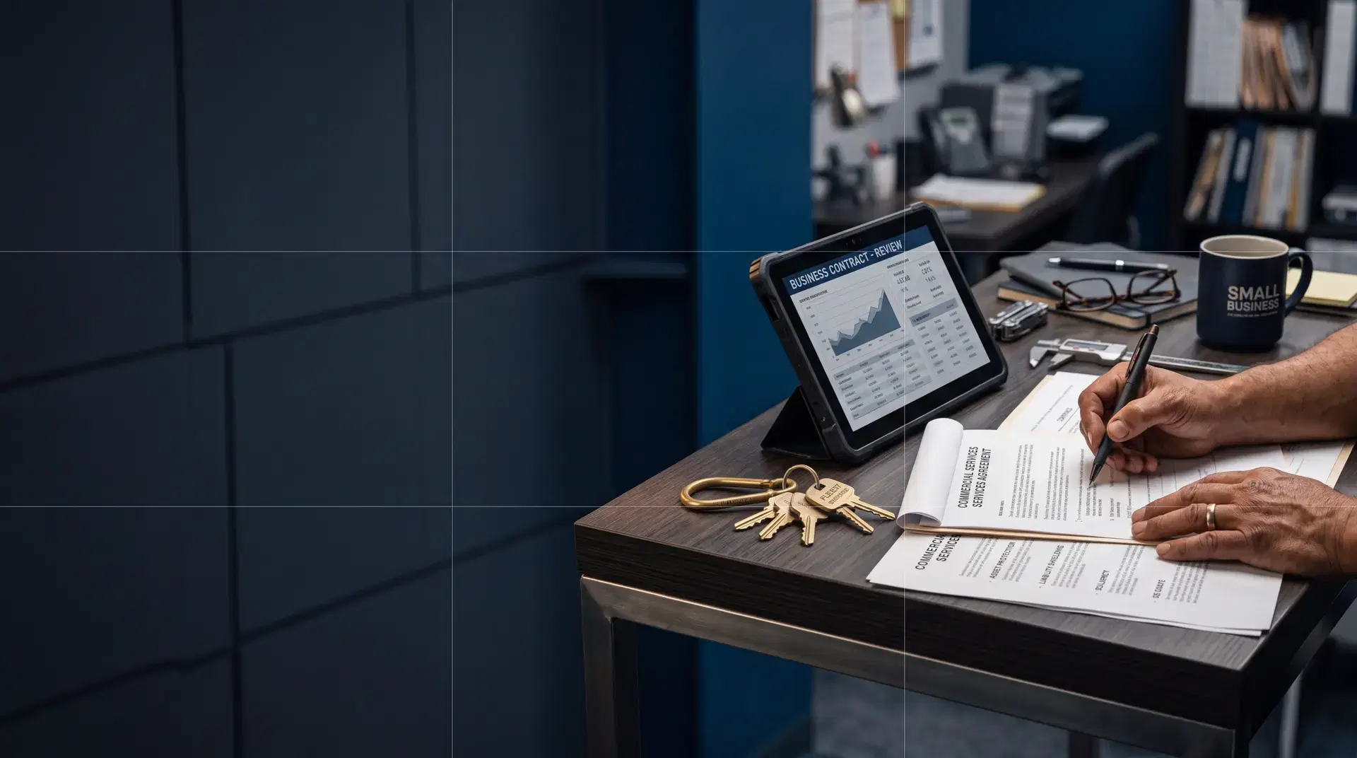 Business owner reviewing contracts and financial data in his office, protected by Tampa Seguros commercial insurance