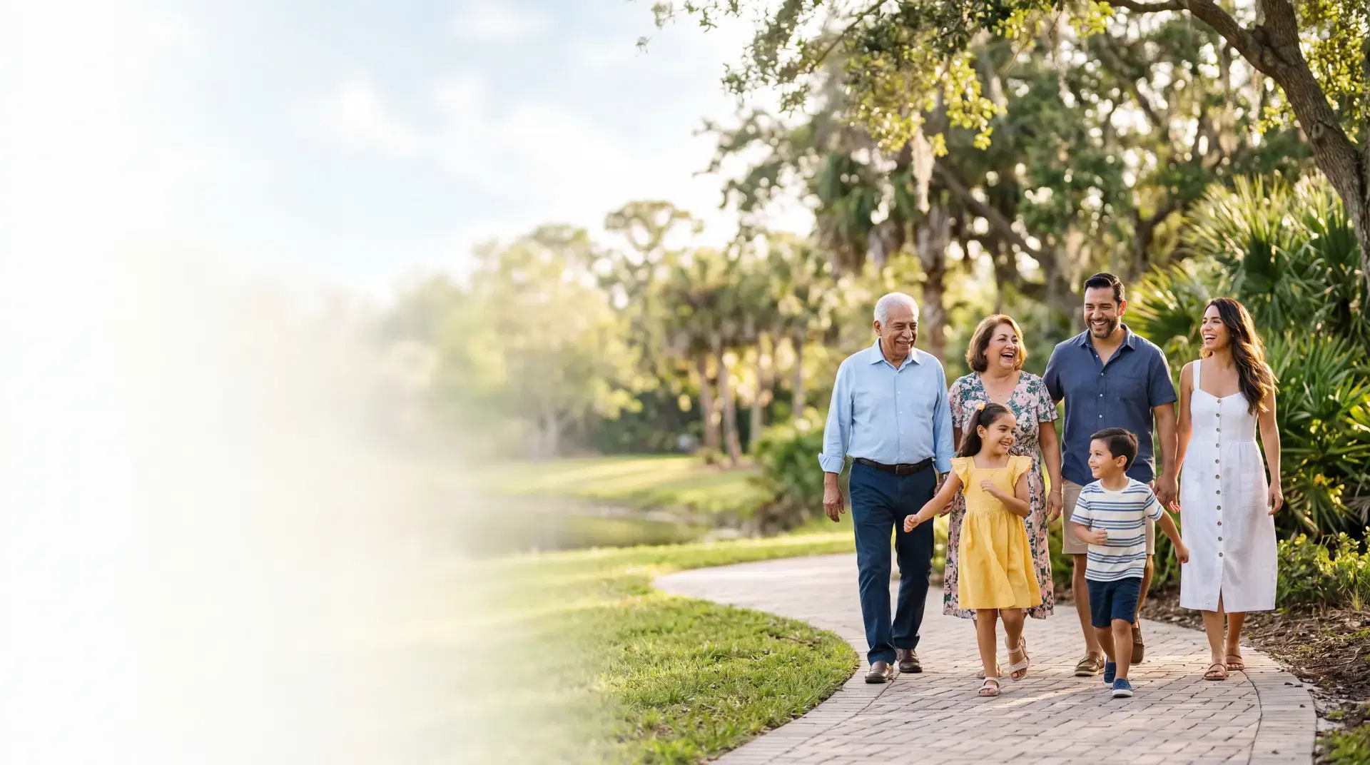 Familia hispana multigeneracional caminando y sonriendo, protegida por los seguros personales de Tampa Seguros